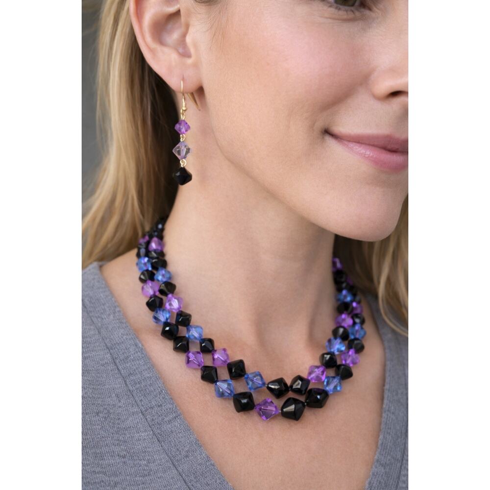 Purple Blue Black Faceted Beaded Necklace and Earrings Set Glass Beads